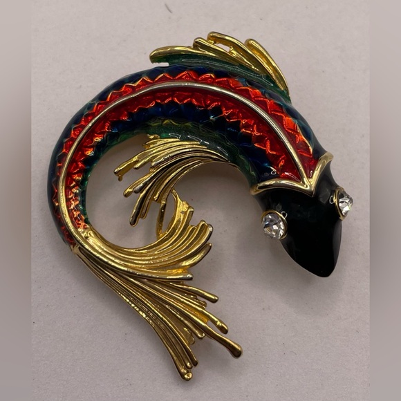 Vintage Koi Fish Gold Tone Red Blue Green Enamel Brooch Pin Clear Crystal Eyes - Picture 3 of 8